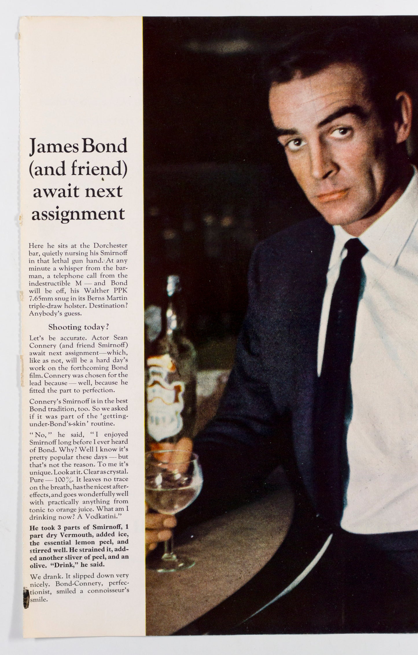 Sean Connery SMIRNOFF James Bond UK MAGAZINE AD Dorchester Hotel CLIPPING poster