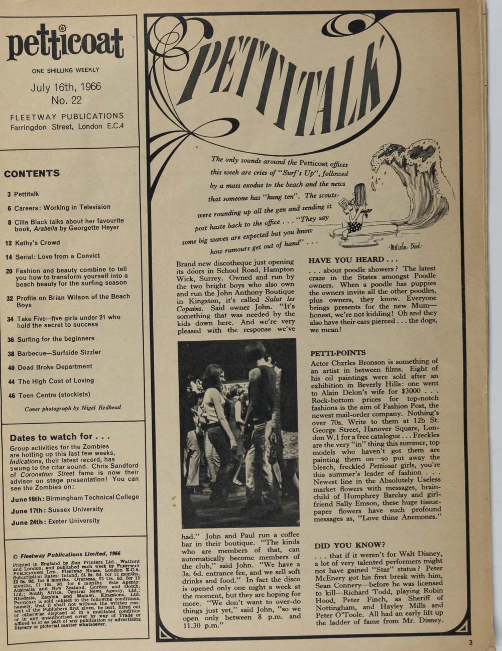 Brian Wilson BEACH BOYS Surfing CILLA Petticoat magazine 16 July 1966