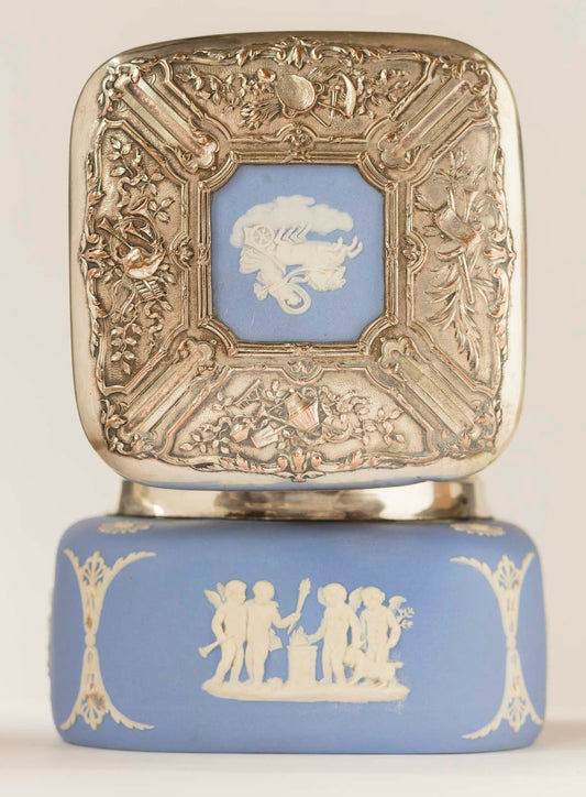 WEDGWOOD JASPERWARE Belgian biscuit barrel TOBACCO JAR pottery SILVER PLATE LID