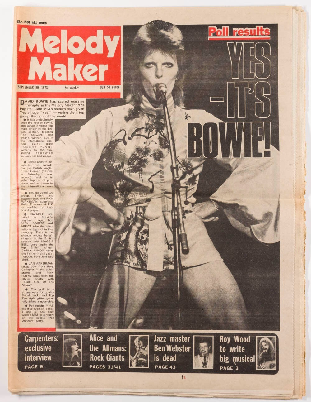 DAVID BOWIE Kansai Yamamoto ALICE COOPER Melody Maker September 1973 ART BLAKEY