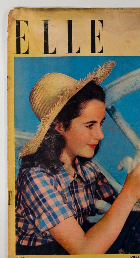 14 yr old ELIZABETH TAYLOR & cat FRENCH ELLE magazine vintage 40's Paris fashion