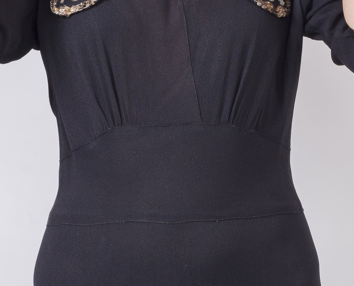Black 1940s Silk crepe Wartime Military Epaulette VTG Maxi Tea Dress SIZE 12 14