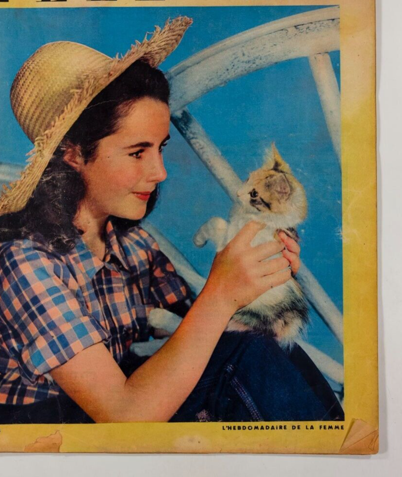 14 yr old ELIZABETH TAYLOR & cat FRENCH ELLE magazine vintage 40's Paris fashion