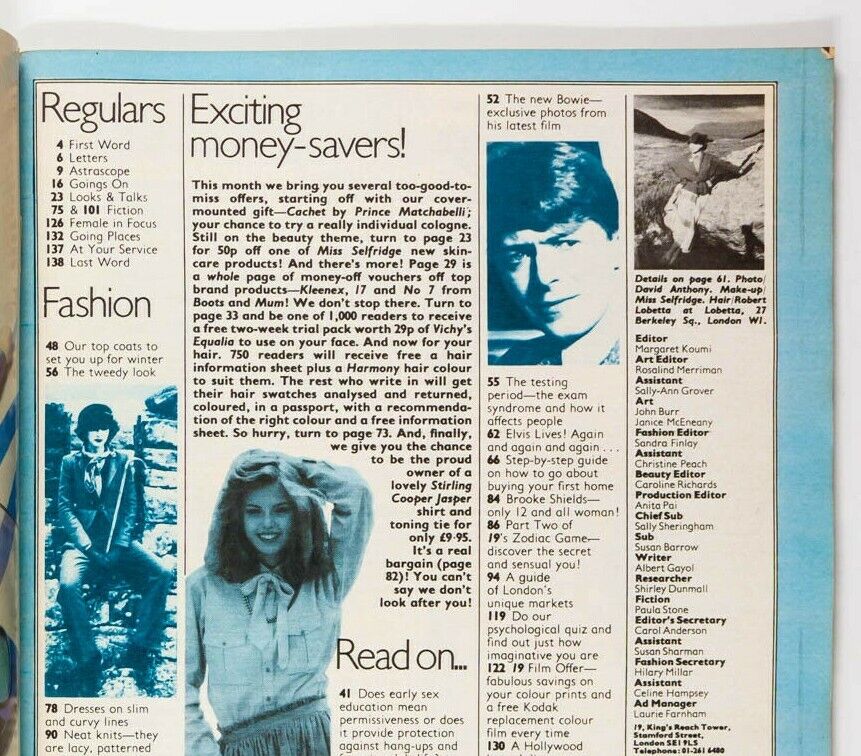 BROOKE SHIELDS David Bowie RENE RUSSO STIRLING COOPER Mulberry 19 magazine VTG