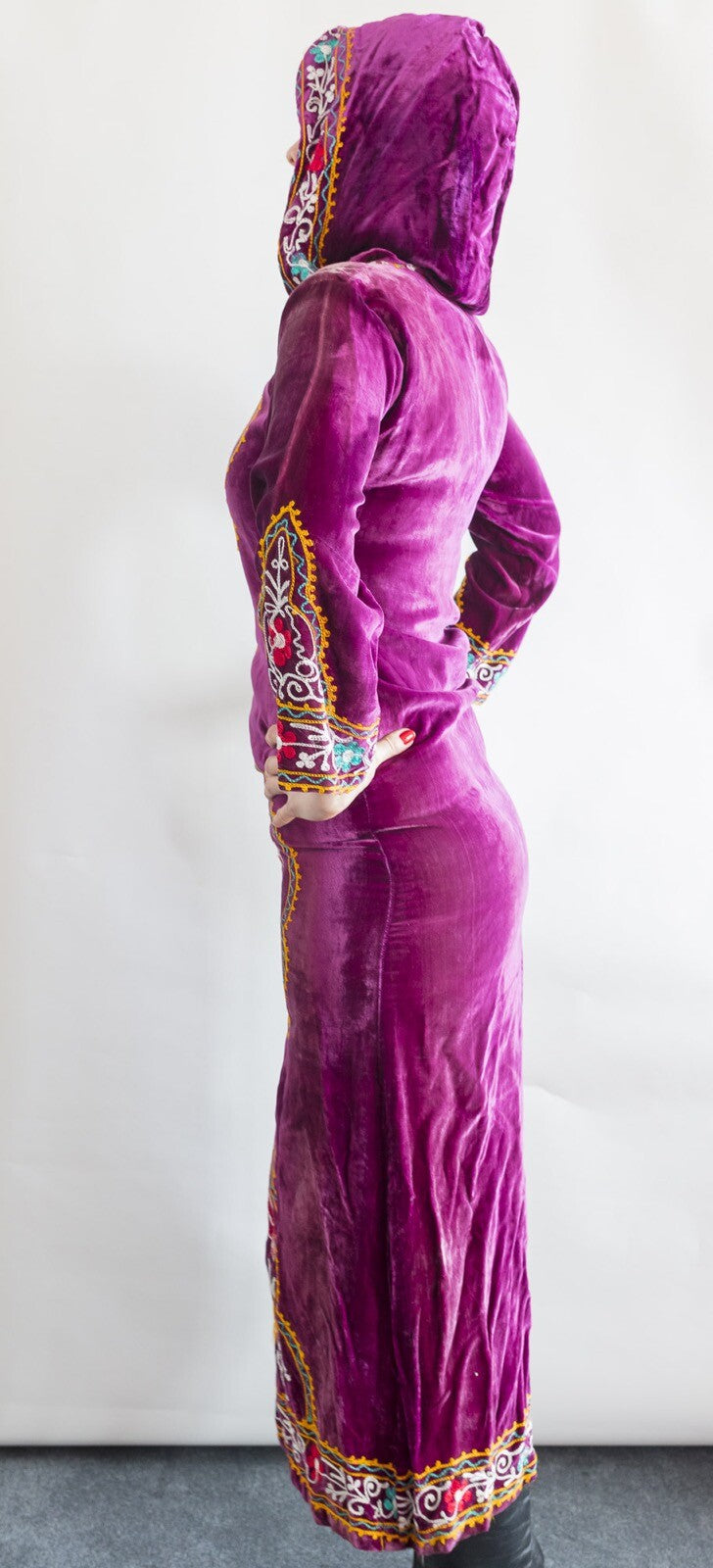 Velvet Kaftan hooded dress VTG Embroidered peacock INDIAN Hippy MAXI Purple SILK