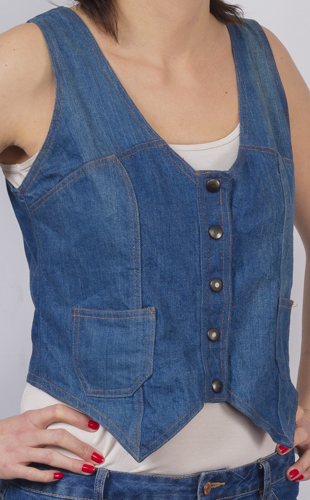 70s Denim waistcoat ROCKER Hippy BOHO studded STITCHED fitted POCKETS Like Chloe