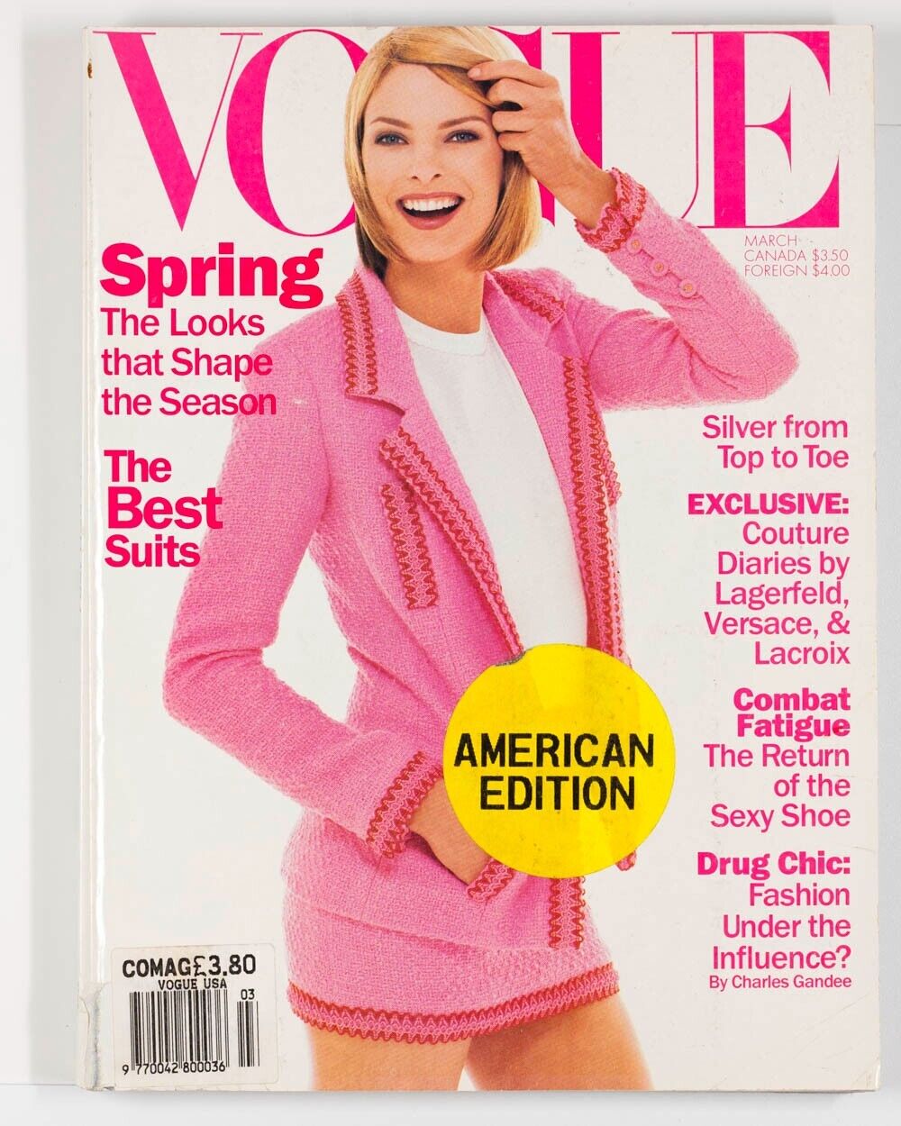 Linda Evangelista NIKI TAYLOR Gianni Versace CHANEL SUIT Lacroix VOGUE 1994 Mar