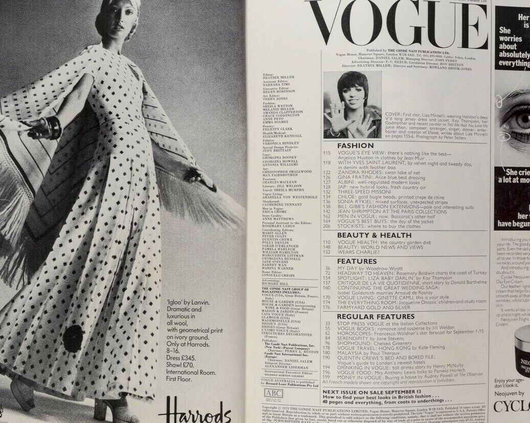 LIZA MINNELLI Halston CATHEE DAHMEN Jean Shrimpton JACKIE ONASSIS Vogue Sep 1973