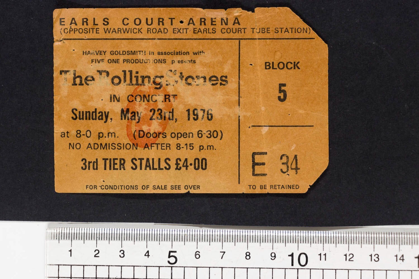 The Rolling Stones IN CONCERT Earls Court Arena TICKET STUB May 23rd 1976 Pass