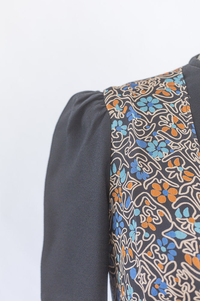 OSSIE CLARK Celia Birtwell VTG floral print bib BLACK MINI DRESS crepe SIZE XS S