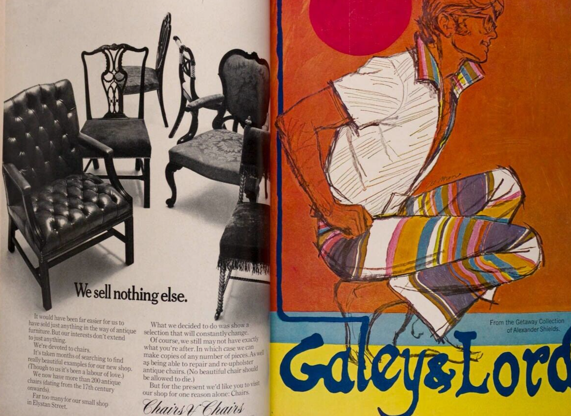Designers at home RICHARD NEVILLE Caroline Munro HARPERS March 1970 Jules Crahay
