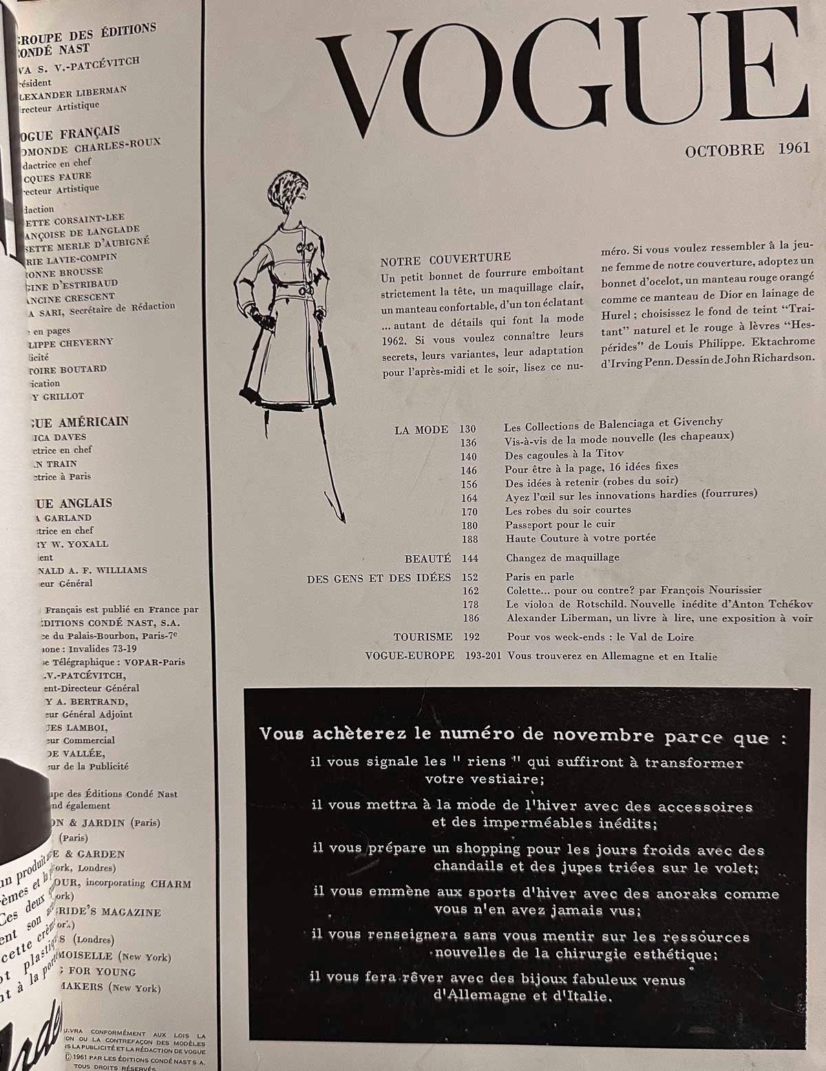 Boucheron COLETTE Balenciaga GIVENCHY Penn LIEBERMAN Paris Vogue October 1961