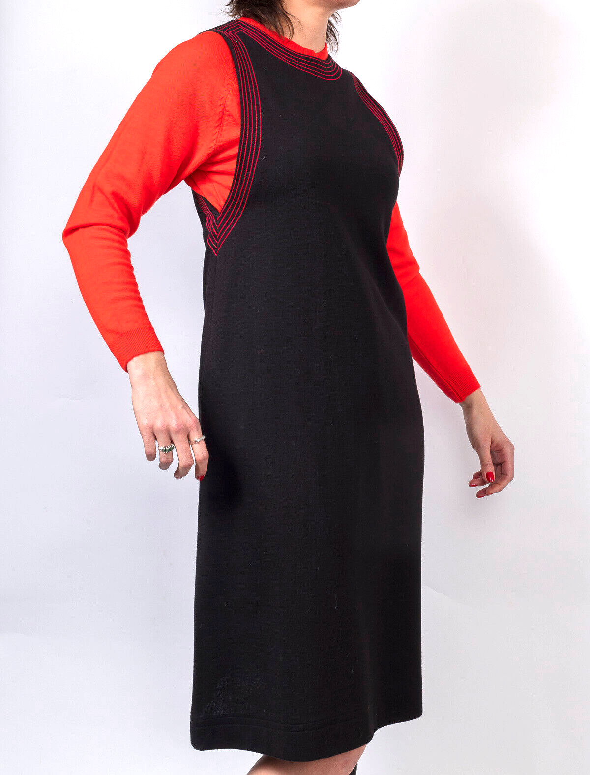 JEAN VARON Shift A-Line Dress VTG Black RED STITCHING 1970's Pockets MOD Size 12