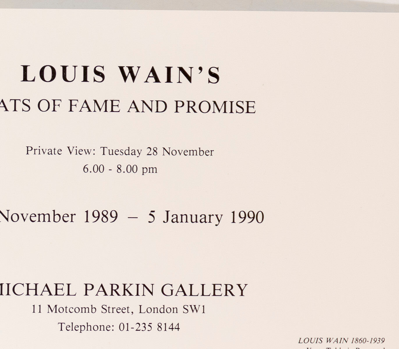 LOUIS WAIN invitation card CATS OF FAME PROMISE Michael Parkin Gallery London 89