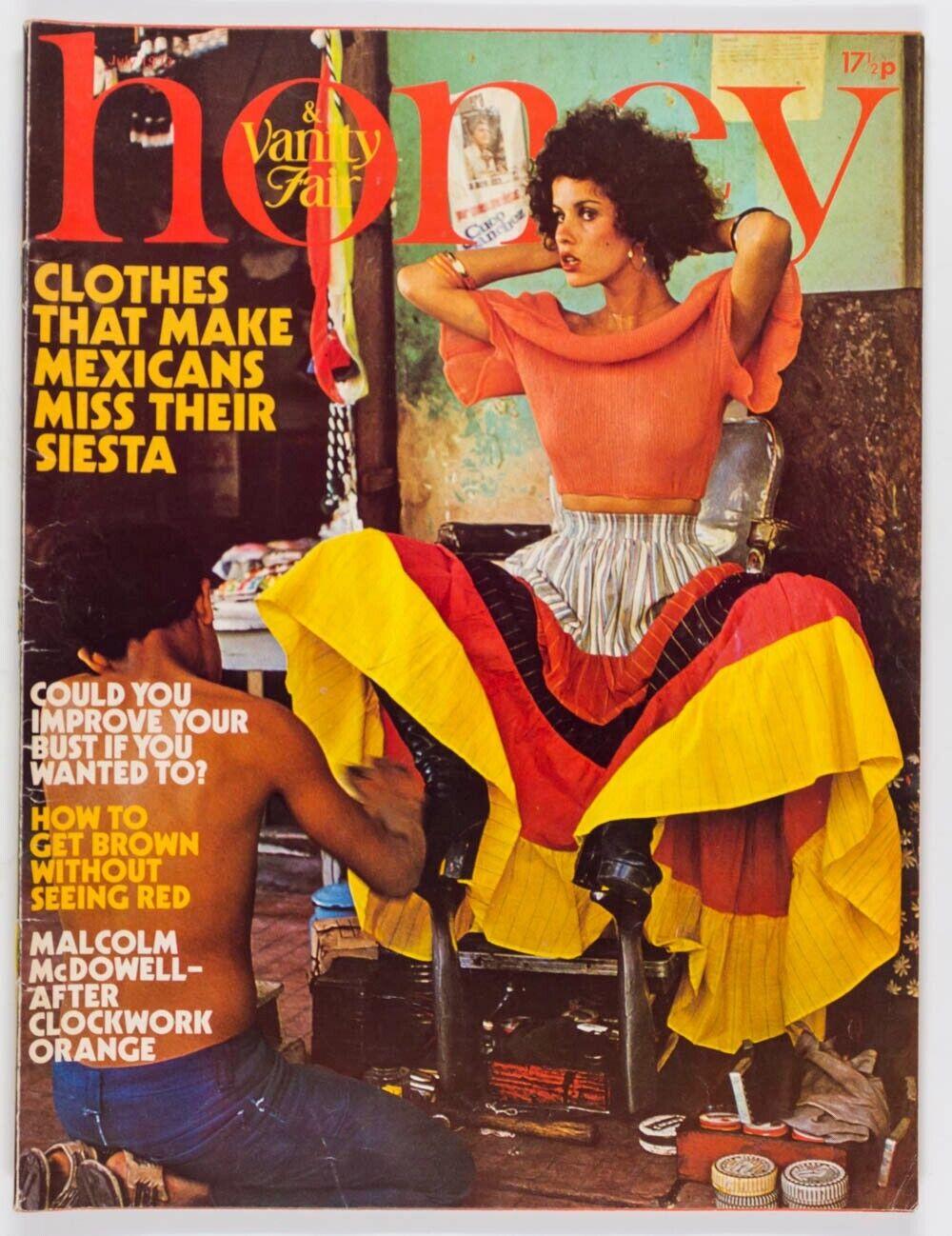 Mexico MALCOLM McDOWELL Cowboy fashion MARY QUANT Jeff Beck ~ HONEY magazine VTG