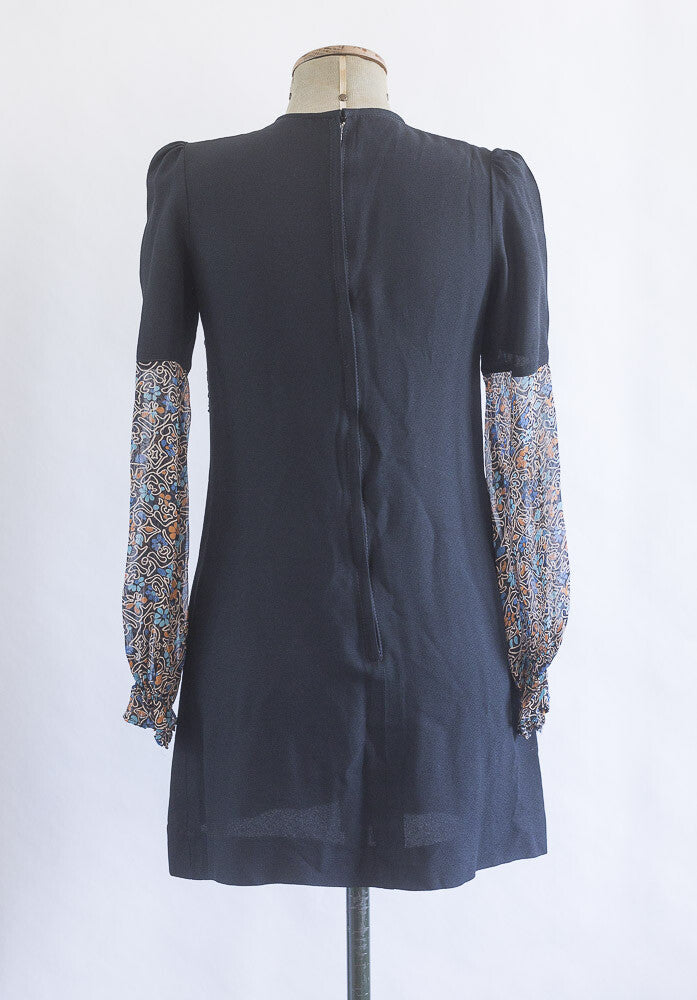 OSSIE CLARK Celia Birtwell VTG floral print bib BLACK MINI DRESS crepe SIZE XS S