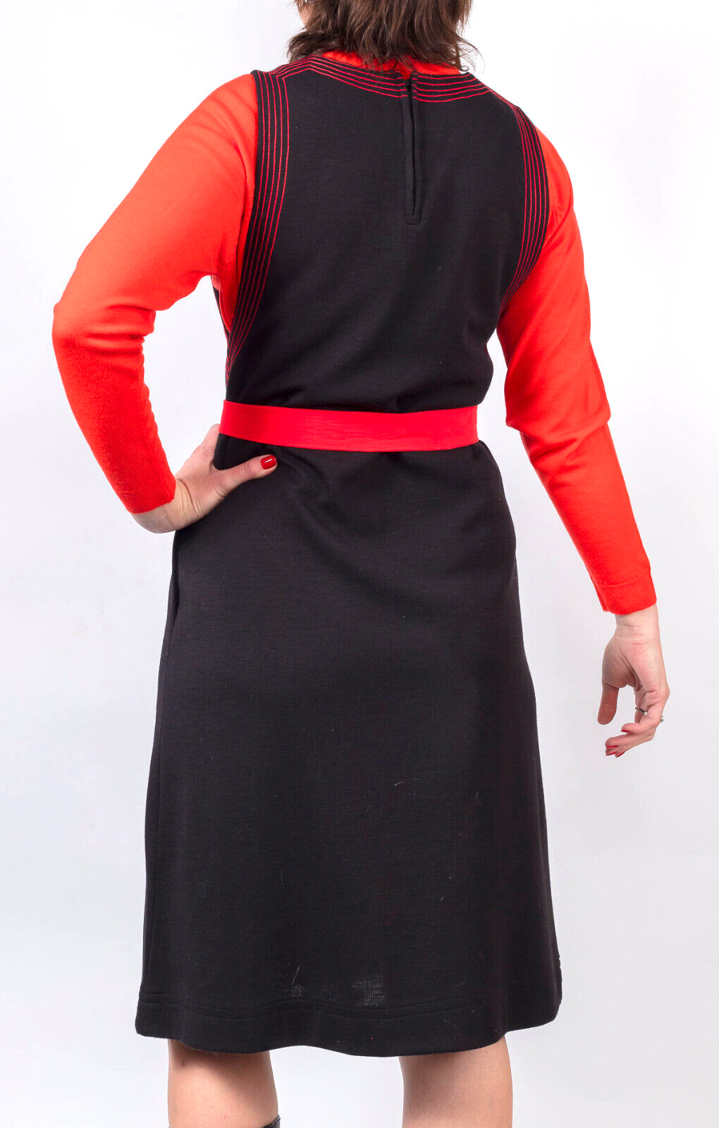 JEAN VARON Shift A-Line Dress VTG Black RED STITCHING 1970's Pockets MOD Size 12