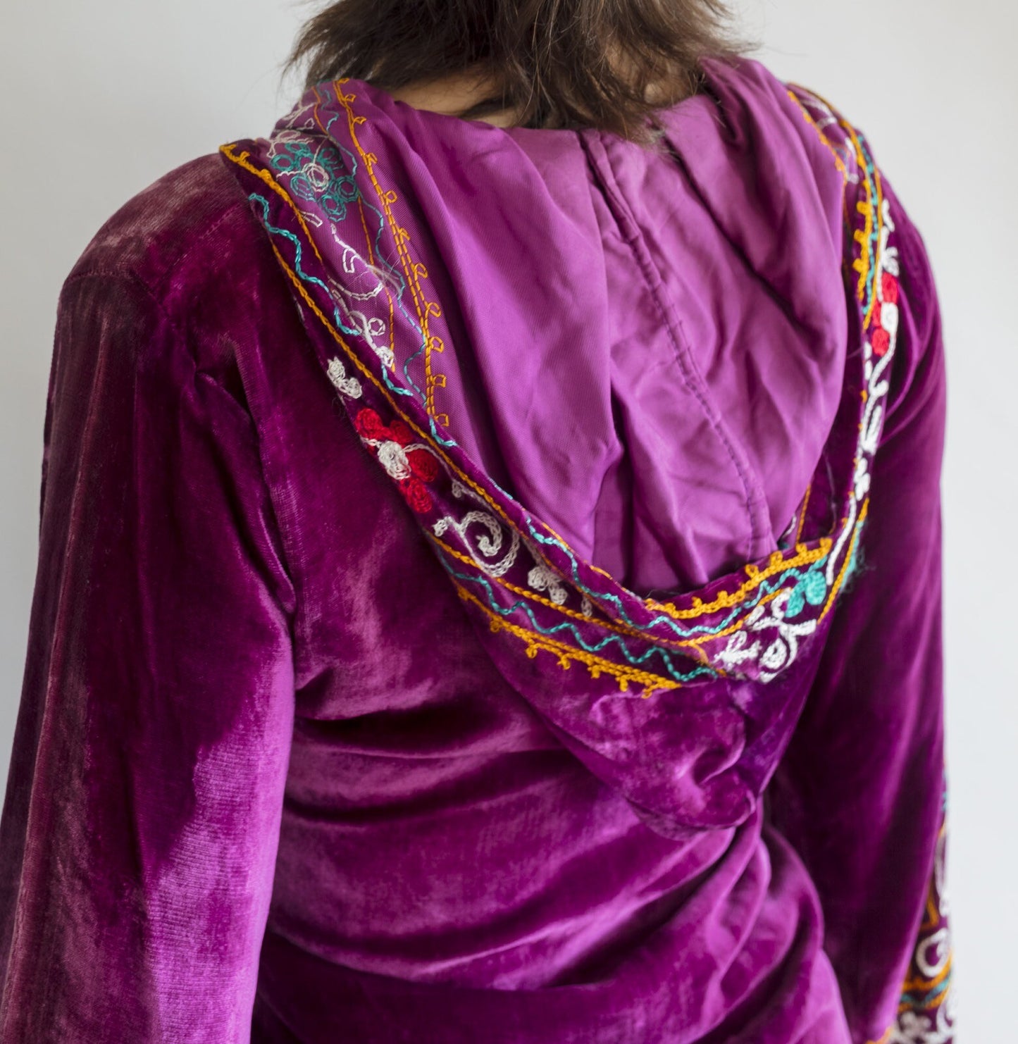 Velvet Kaftan hooded dress VTG Embroidered peacock INDIAN Hippy MAXI Purple SILK