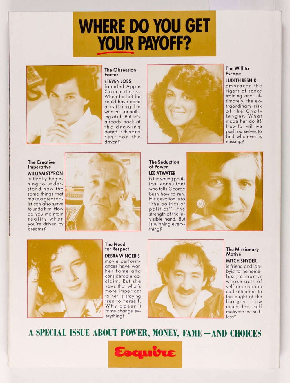 Steve Jobs BERNADETTE PETERS Debra Winger ESQUIRE MAGAZINE December 1986 Styron