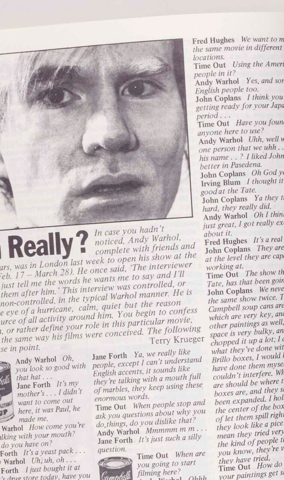 ANDY WARHOL JANE FORTH JOHN COPLANS in interview TIME OUT London magazine 1970's