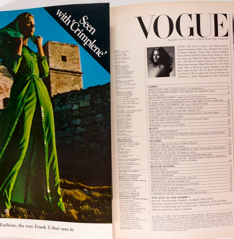 Charlotte Rampling SARAH MOON Britt Ekland VOGUE September 1970 Mike Nichols VTG