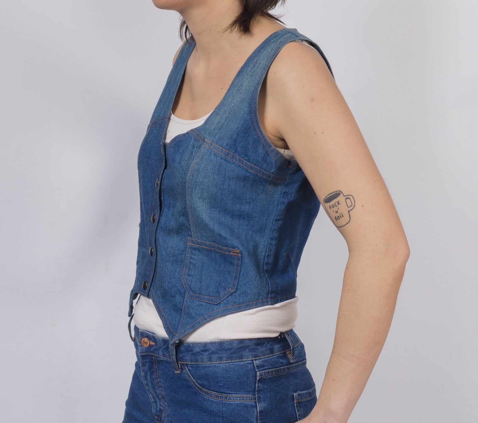 70s Denim waistcoat ROCKER Hippy BOHO studded STITCHED fitted POCKETS Like Chloe