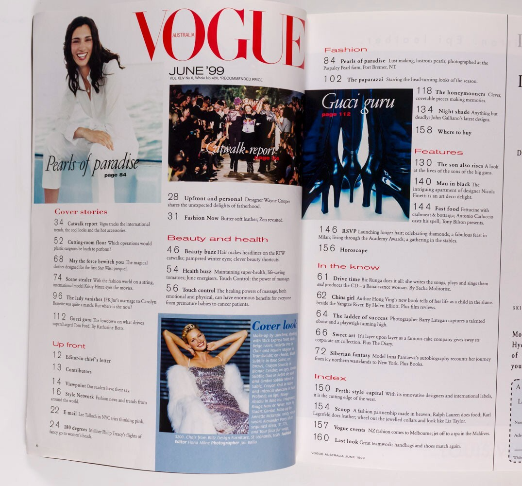 KRISTY HINZE Gucci CAROLYN BESSETTE KENNEDY Vogue Australia 6 June 1999 Galliano