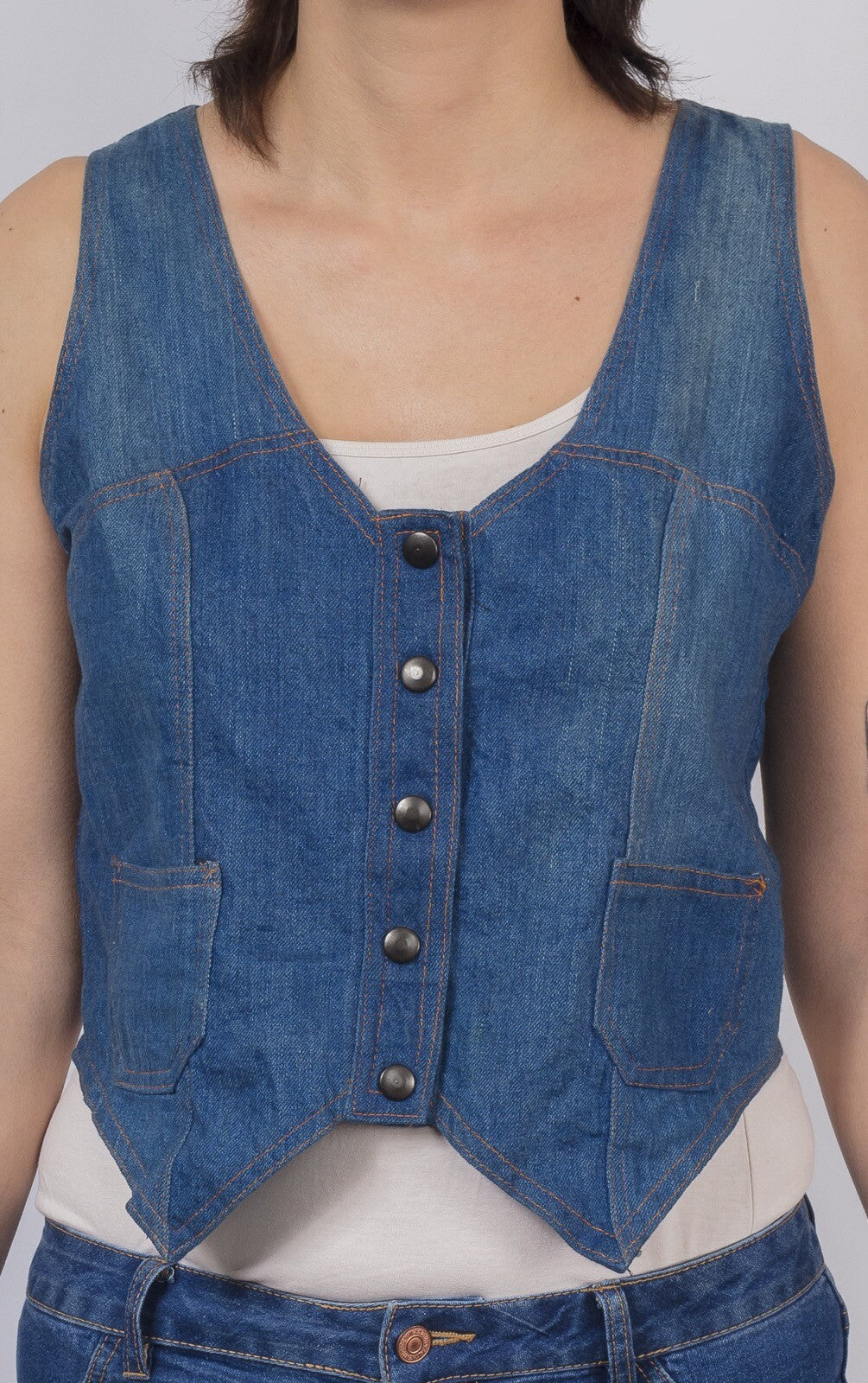 70s Denim waistcoat ROCKER Hippy BOHO studded STITCHED fitted POCKETS Like Chloe