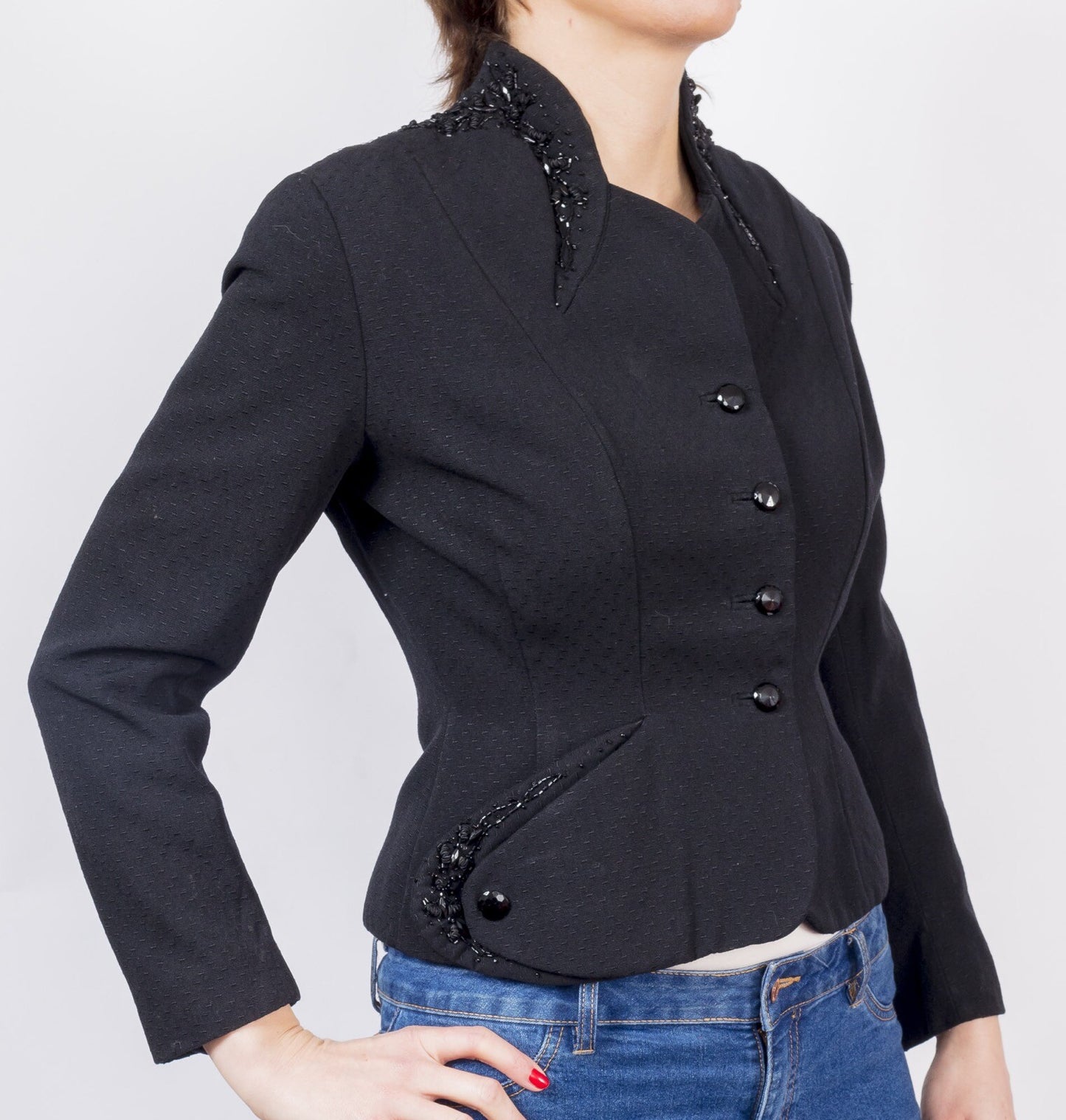 Black 1940s 50s Silk Cotton fitted jacket GLASS BEADING Laurie White Couture VTG