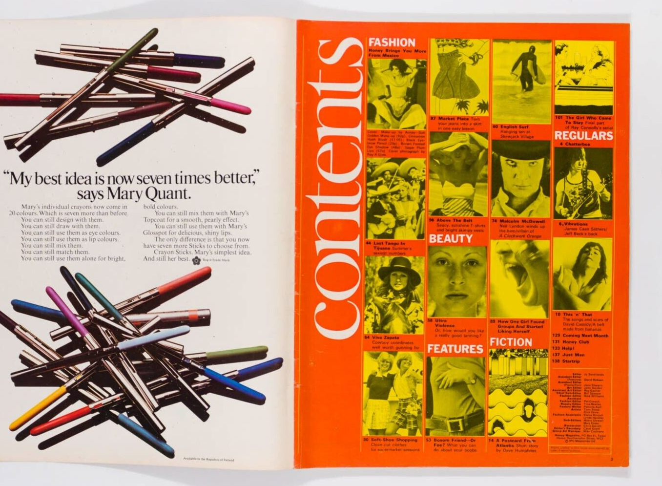 Mexico MALCOLM McDOWELL Cowboy fashion MARY QUANT Jeff Beck ~ HONEY magazine VTG