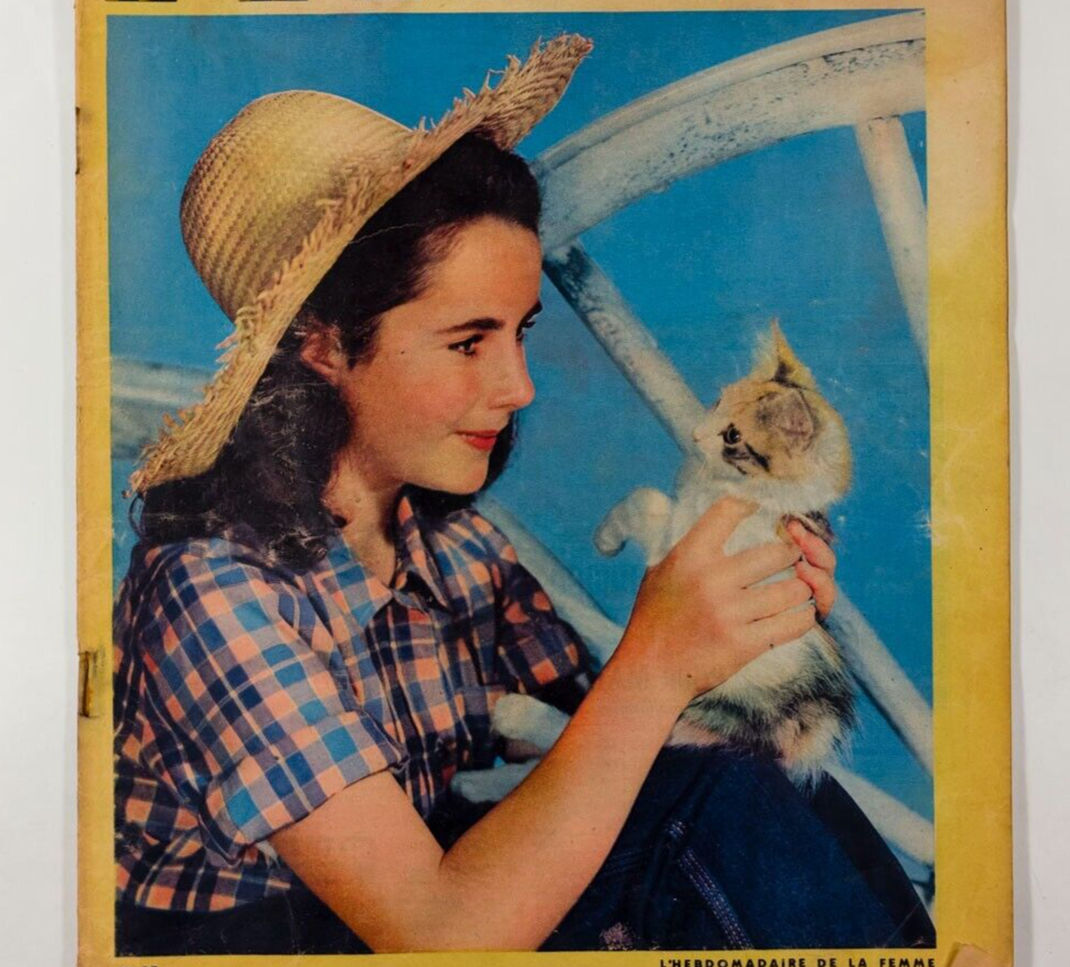 14 yr old ELIZABETH TAYLOR & cat FRENCH ELLE magazine vintage 40's Paris fashion