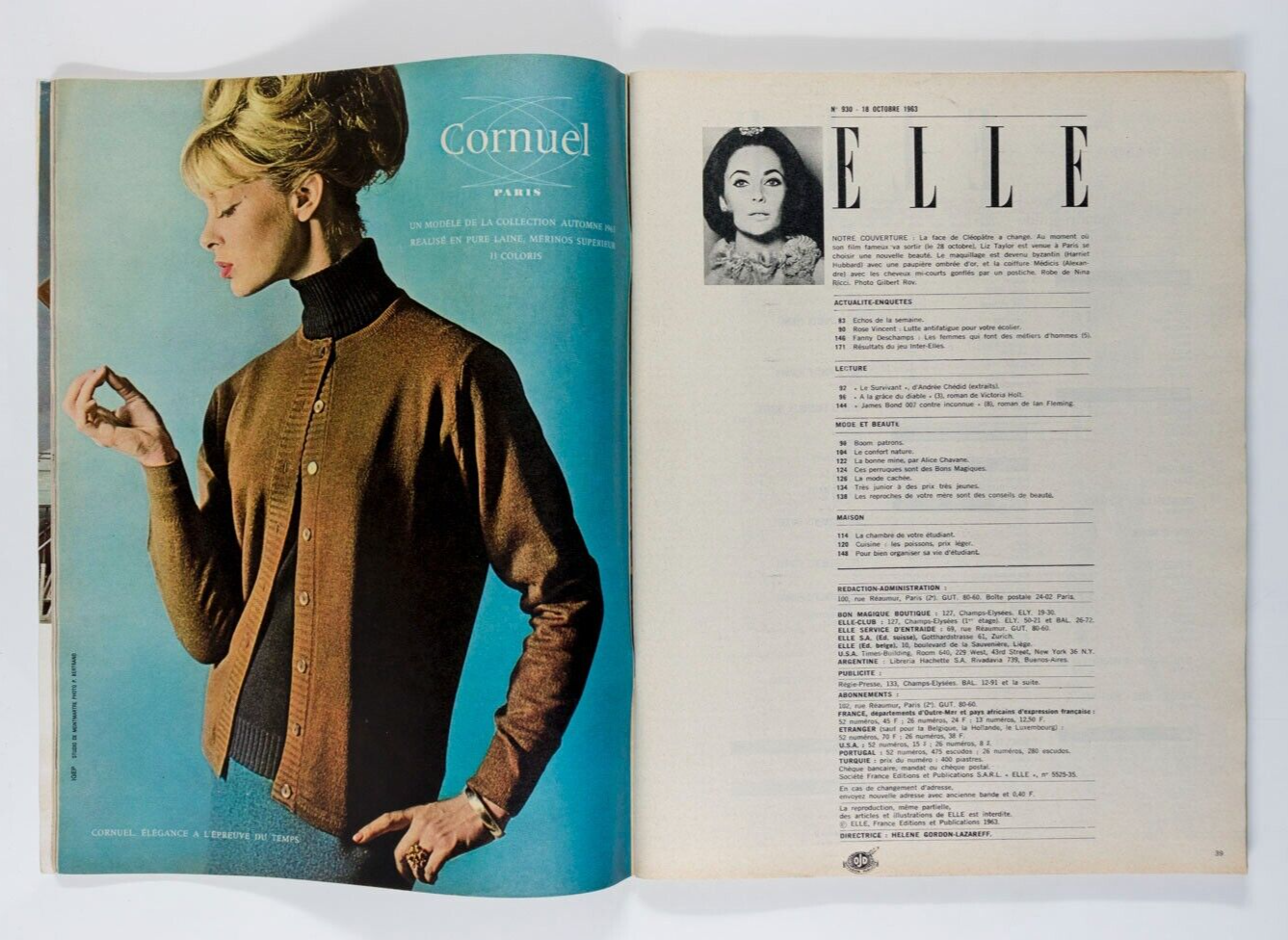 Elizabeth Taylor IAN FLEMING James Bond ELLE October 1953 Edwige FRANCOISE HARDY