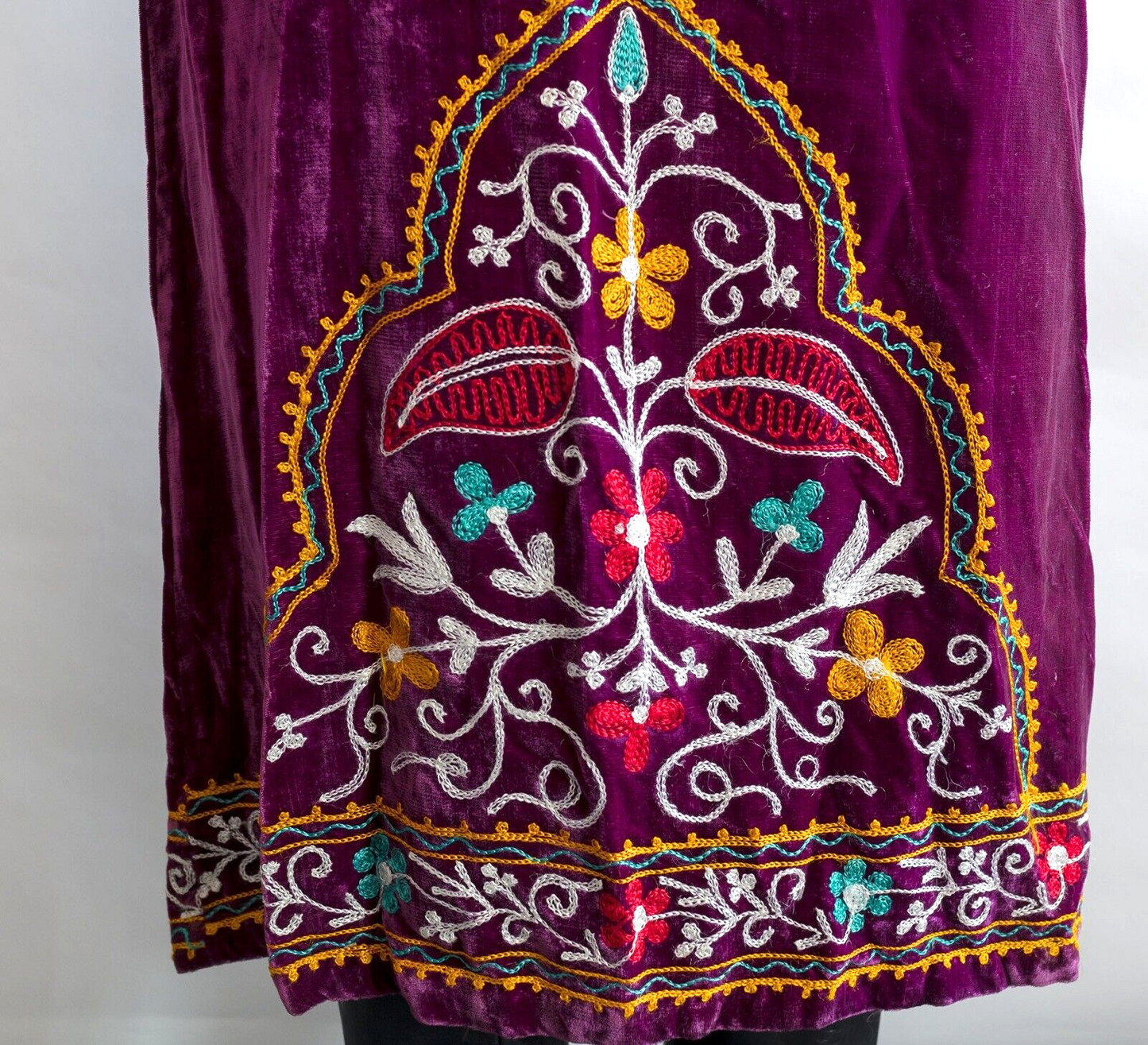 Velvet Kaftan hooded dress VTG Embroidered peacock INDIAN Hippy MAXI Purple SILK