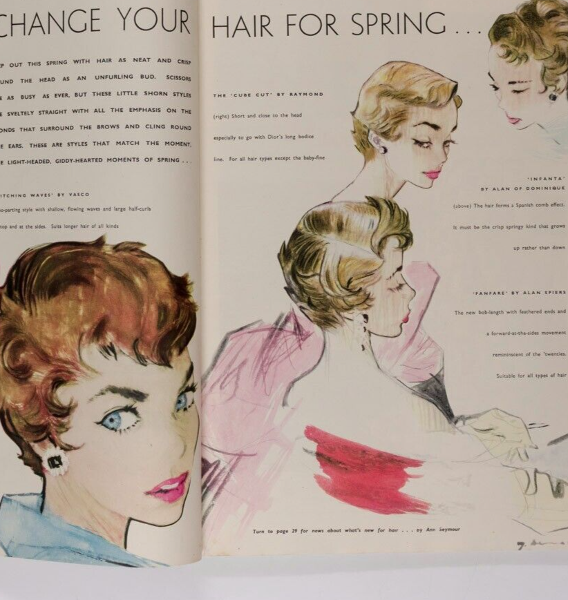 Hardy Amies RENE GRUAU Mouchy WOMAN & BEAUTY magazine 1955 March ANN SEYMOUR Ett