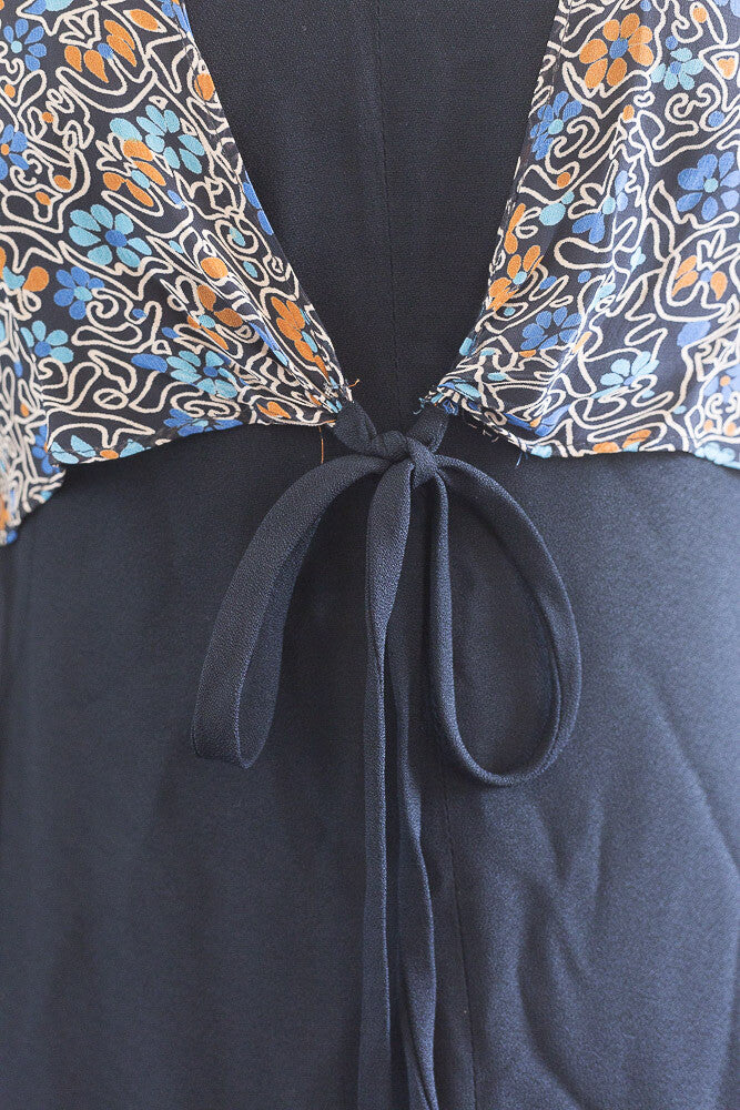 OSSIE CLARK Celia Birtwell VTG floral print bib BLACK MINI DRESS crepe SIZE XS S