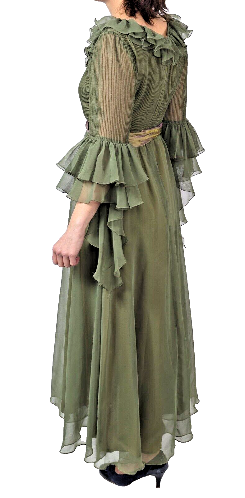 Jean Varon MAXI DRESS Olive Green 1970s Hippy RUFFLES Tiered Wizard Sleeves VTG