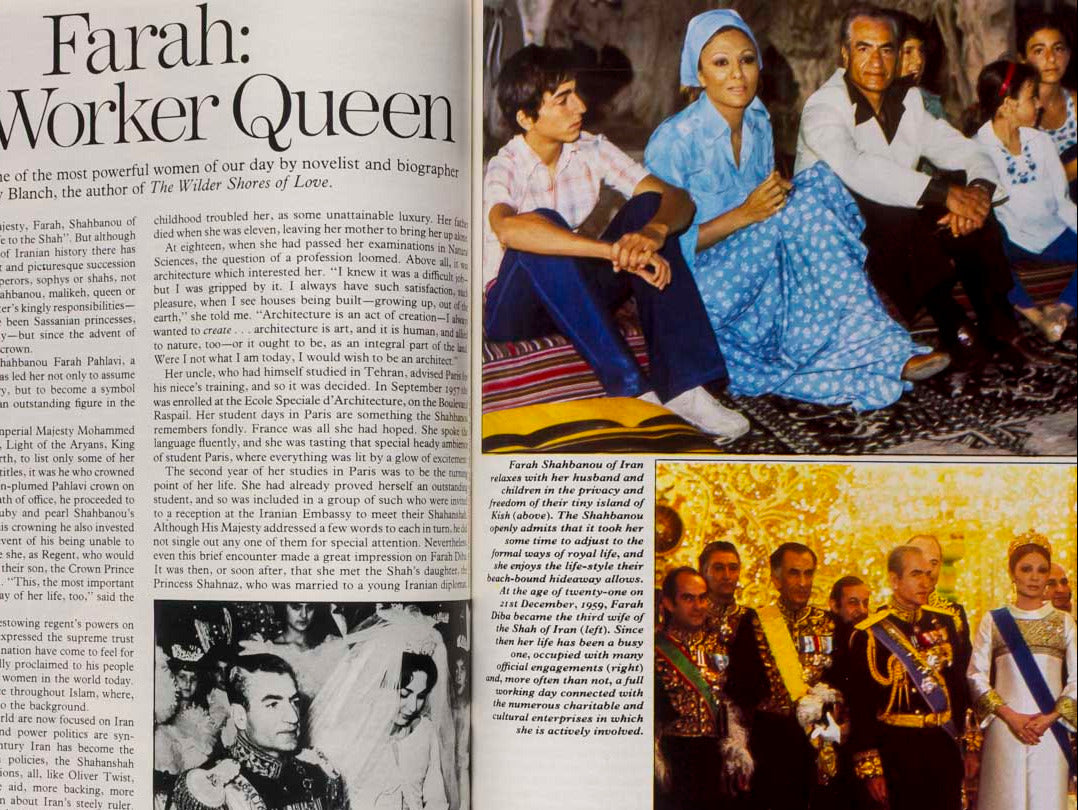 An open book spread showing a printed article titled 'Farah: The Worker Queen' with columns of text and several inset photographs of women in traditional and formal clothing.