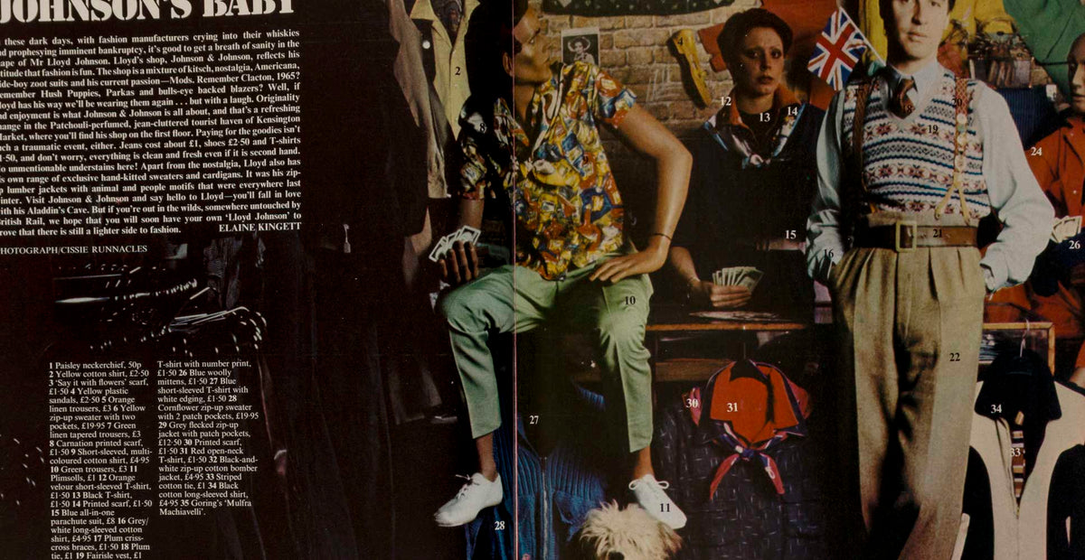 A vintage magazine page spread featuring a photo of three children in colorful clothing, alongside columns of text. The central photo shows a child in a yellow patterned shirt and green pants sitting on a blue stool, flanked by a child in a multicolor knit sweater vest and another in a light shirt and brown trousers.