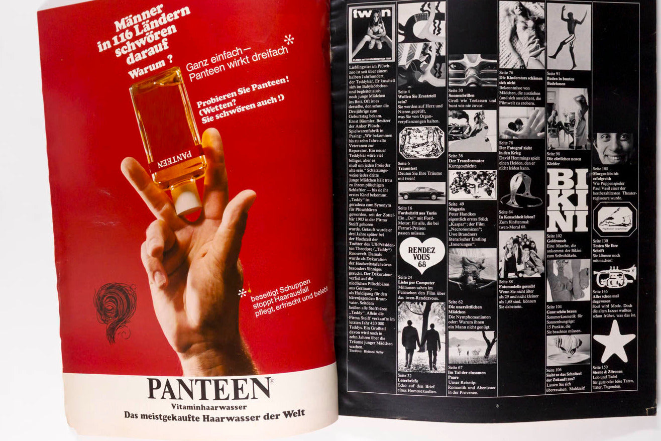 An open vintage magazine or book spread showing a red left page with a hand holding a bottle and the brand name PANTEEN, alongside a black-and-white right page filled with small photos and text blocks.