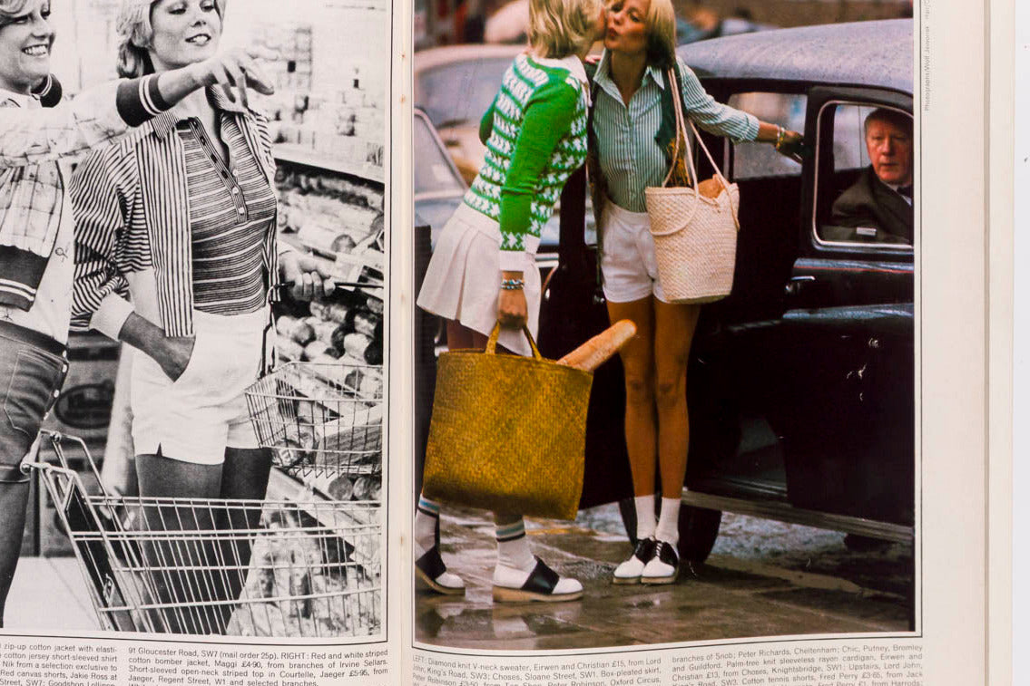 An open vintage magazine or book spread showing two printed photographs with captions. The left page is black-and-white, and the right page contains a color photo of women near a car, with visible text columns below the images.