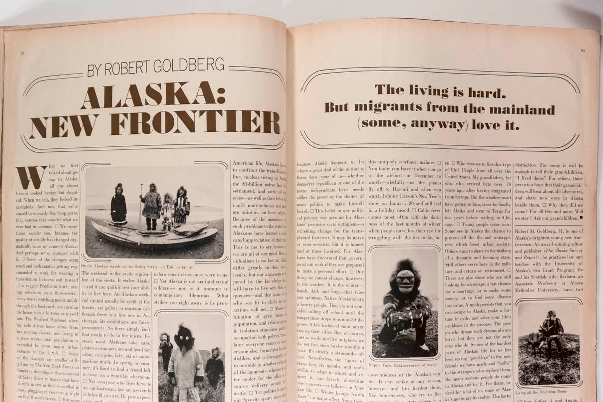 An open vintage magazine or book spread showing two printed pages with the headline 'ALASKA: NEW FRONTIER' by Robert Goldberg, black-and-white photographs, and columns of text on aged cream paper.