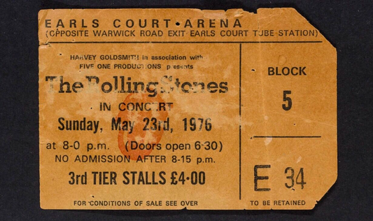 The Rolling Stones IN CONCERT Earls Court Arena TICKET STUB May 23rd 1976 Pass