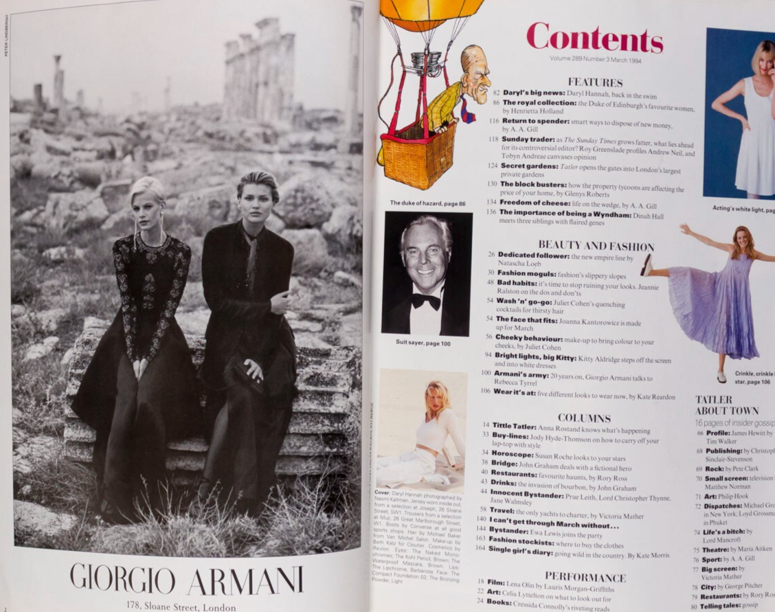 DARYL HANNAH James Hewitt LENA OLIN Tatler March 1994 Prince Philip YSL Armani