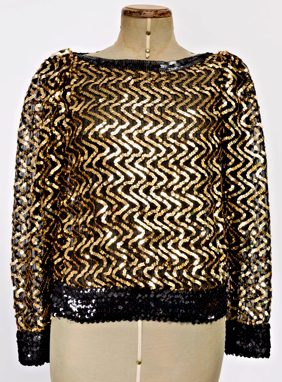 GOLD disco Studio 54 sequin party top shirt VTG 1980s Black MARIELLE zigzag 70’s