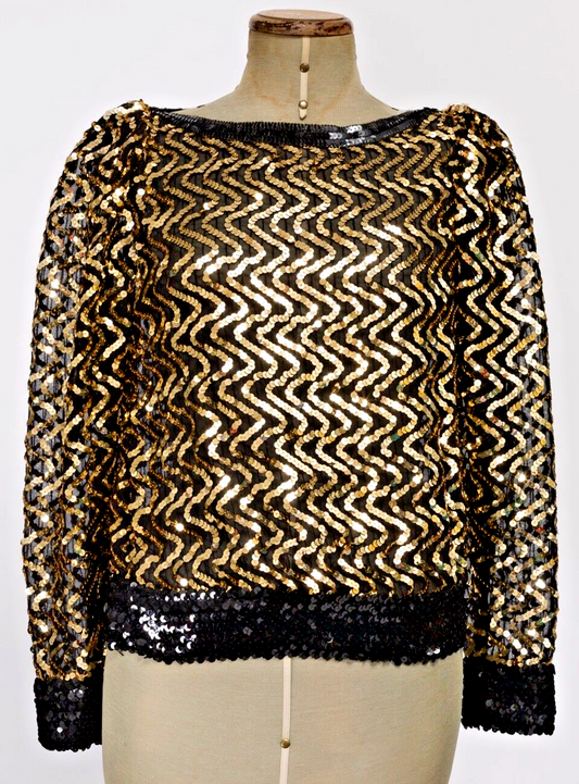 GOLD disco Studio 54 sequin party top shirt VTG 1980s Black MARIELLE zigzag 70’s