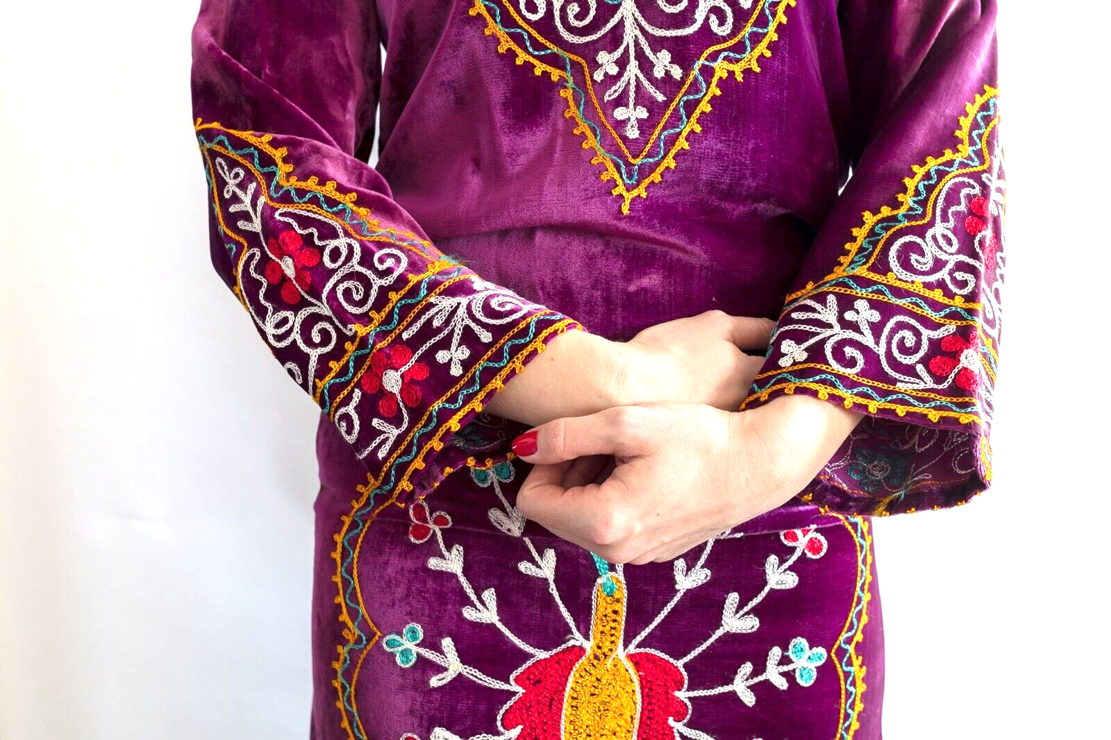 Velvet Kaftan hooded dress VTG Embroidered peacock INDIAN Hippy MAXI Purple SILK