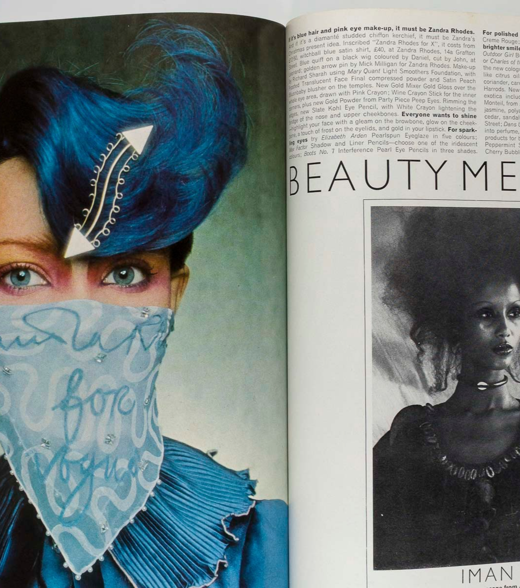 Marie Helvin IRAN Iman VOGUE December 1975 Zandra Rhodes TOSCANI David Bailey UK