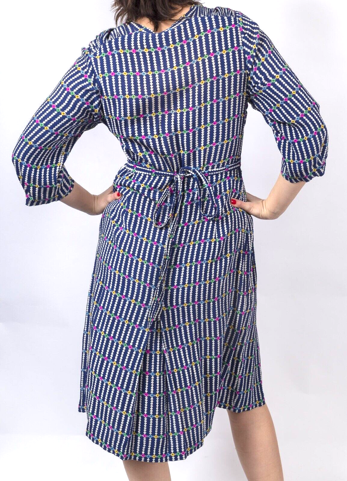 NILA HAUTE COUTURE BRUSSLES Silk tea dress VTG Blue ditsy print 1940s SIZE 12 14