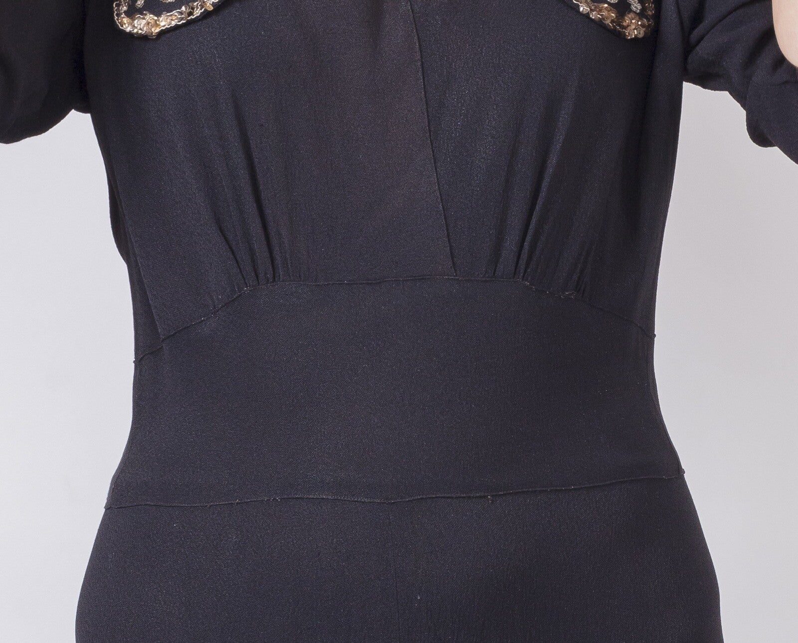 Black 1940s Silk crepe Wartime Military Epaulette VTG Maxi Tea Dress SIZE 12 14