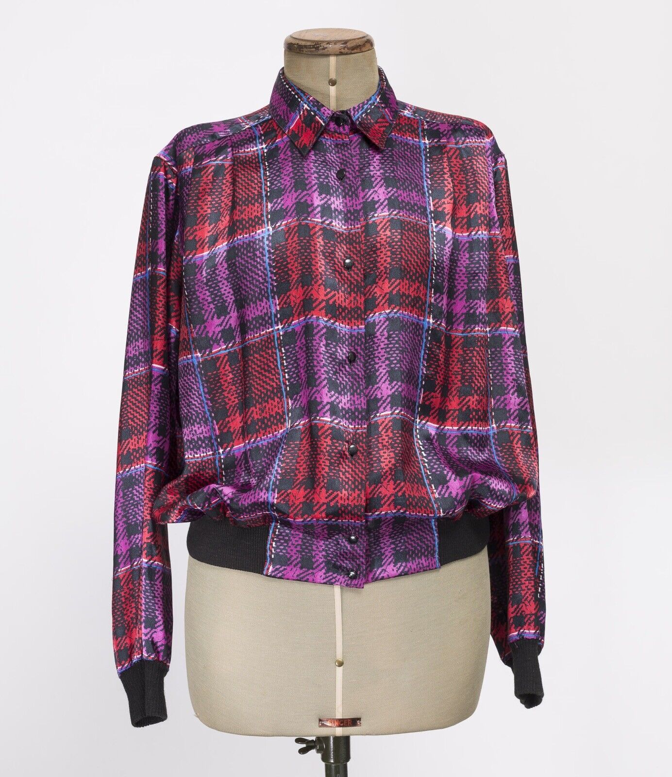  Aquascutum 1980s Jacket Blouse Shirt VTG Check Purple SILK Elastic cuff TARTAN